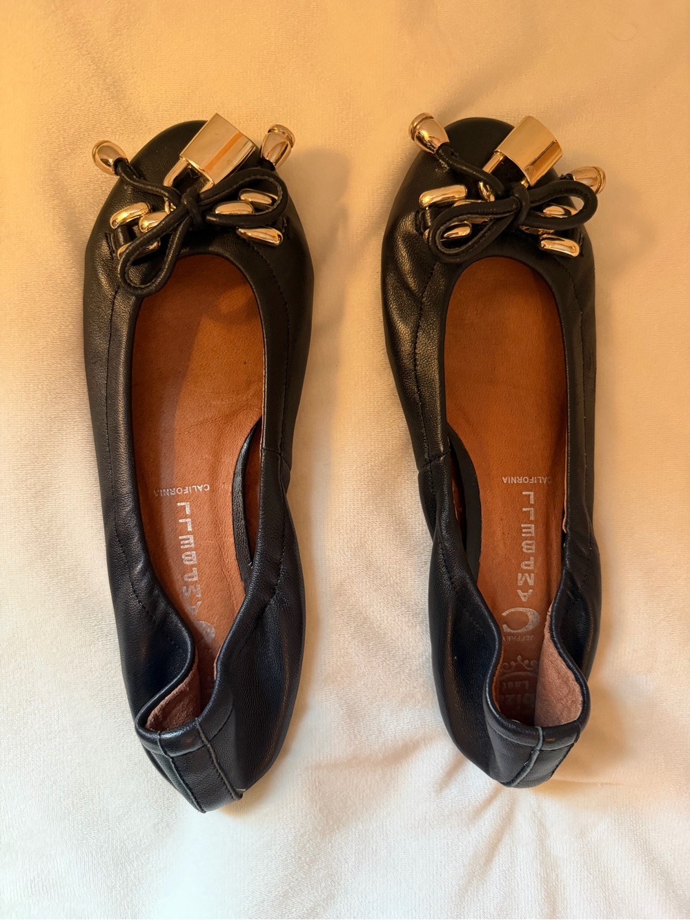 Jeffrey Campbell Black Leather Ballet Flats Gold Lock Bow Shoes Size 8